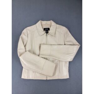 Express Jacket Womens 13/14 Beige Cream 100% Leather Zip Front Lined Classic‎